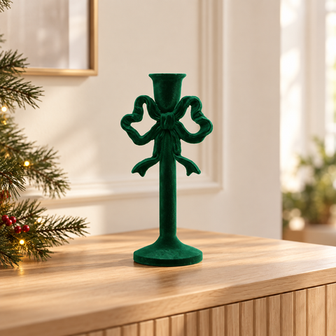 Castiçal Resina Flocado Laço Verde - 24cm