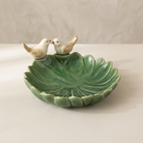 Petisqueira Redonda Folha Verde com Pássaros - 15,5 x 15,5 x 3,5cm