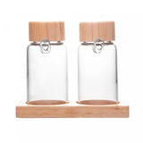 Conjunto 2 Galheteiros de Vidro com Tampa e Suporte de Bambu - 170 ml
