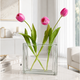 Vaso Tijolinho de Vidro Augusto + Tulipas Rosas Toque Real - 18x18cm