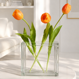 Vaso Tijolinho de Vidro Augusto + Tulipas Laranjas Toque Real - 18x18cm