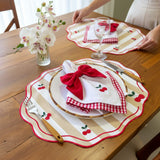 Lugar Americano Oval Impermeável Cherry (Cerejas com Listras Bege) - 48x38cm