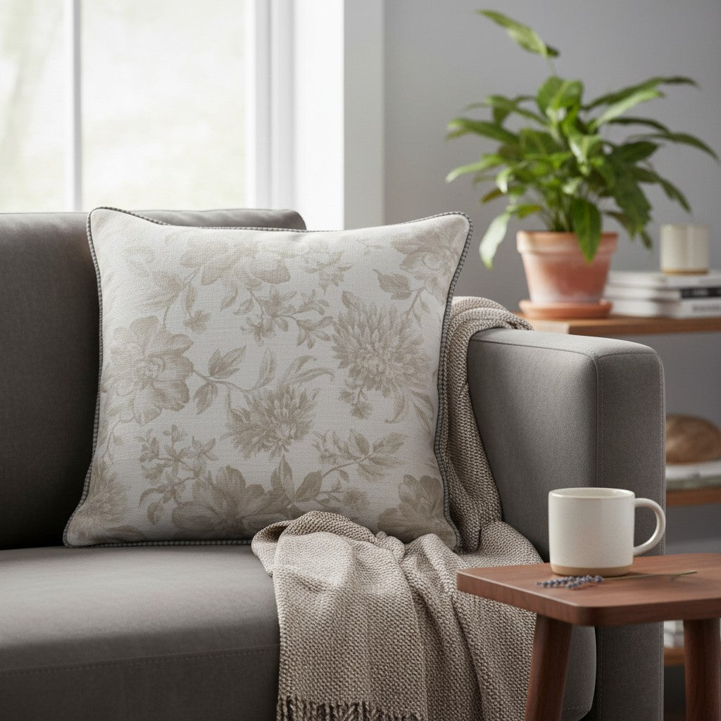 Almofada em Linho Estampado (Floral Bege) - 52 × 52 cm