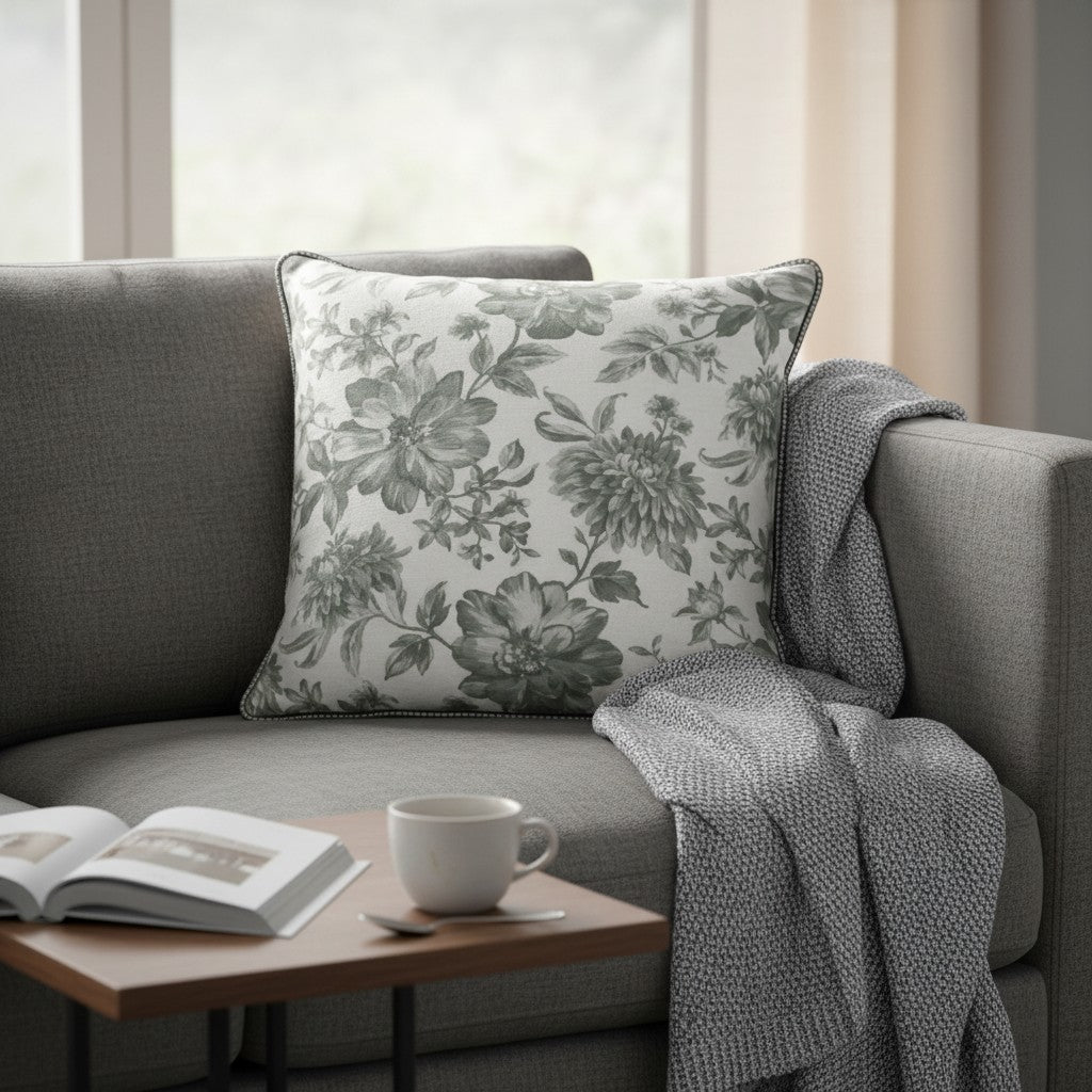 Almofada em Linho Estampado (Floral Verde) - 52 × 52 cm