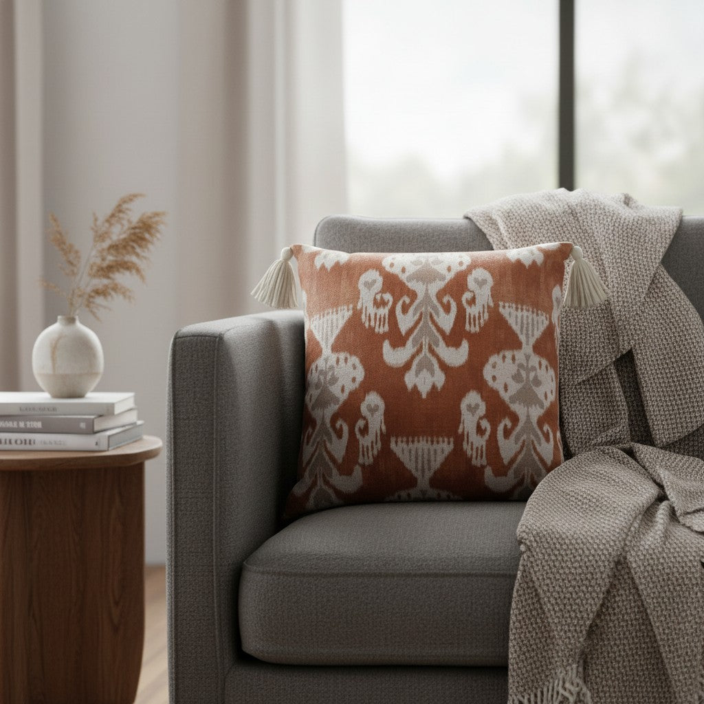 Almofada em Linho Estampado Ikat (Terracota) - 52 × 52 cm