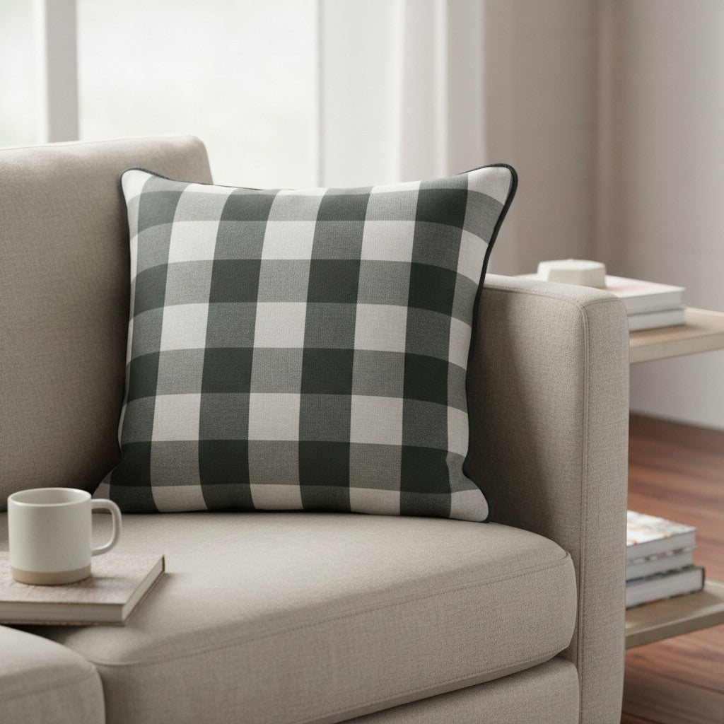 Almofada em Linho Estampado (Xadrez Verde) G - 52 × 52 cm