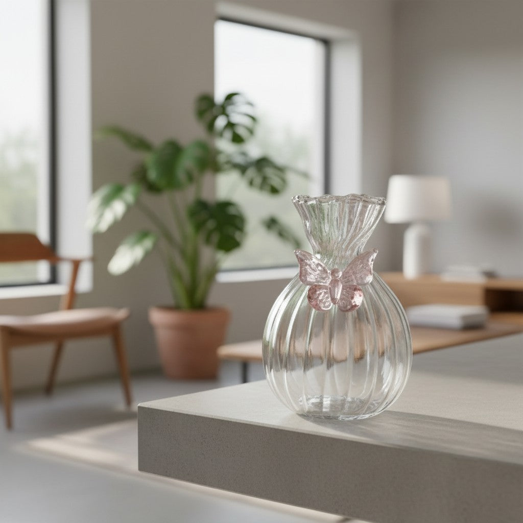 Vaso Decorativo Borboleta Rosé em Vidro - 8 × 11 cm
