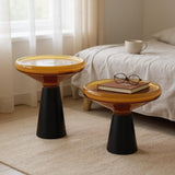 Mesa com Base de Mármore Preto & Tampo de Vidro Âmbar – 48 × 42 cm