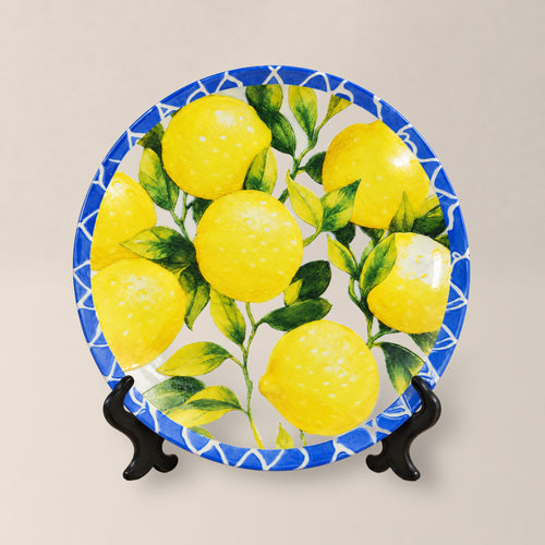 Prato Decorativo Limão Cerâmica Azul e Amarelo Mod 2 - 20cm