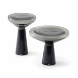 Mesa com Base de Mármore Preto & Tampo de Vidro Fumê – 48 × 42 cm